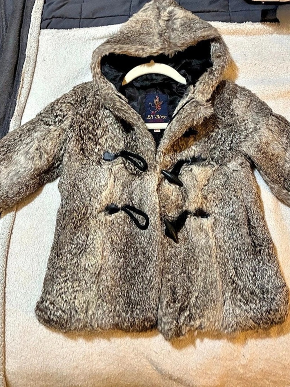 Faux Fur Hooded Toggle Coat in Gray & Brown